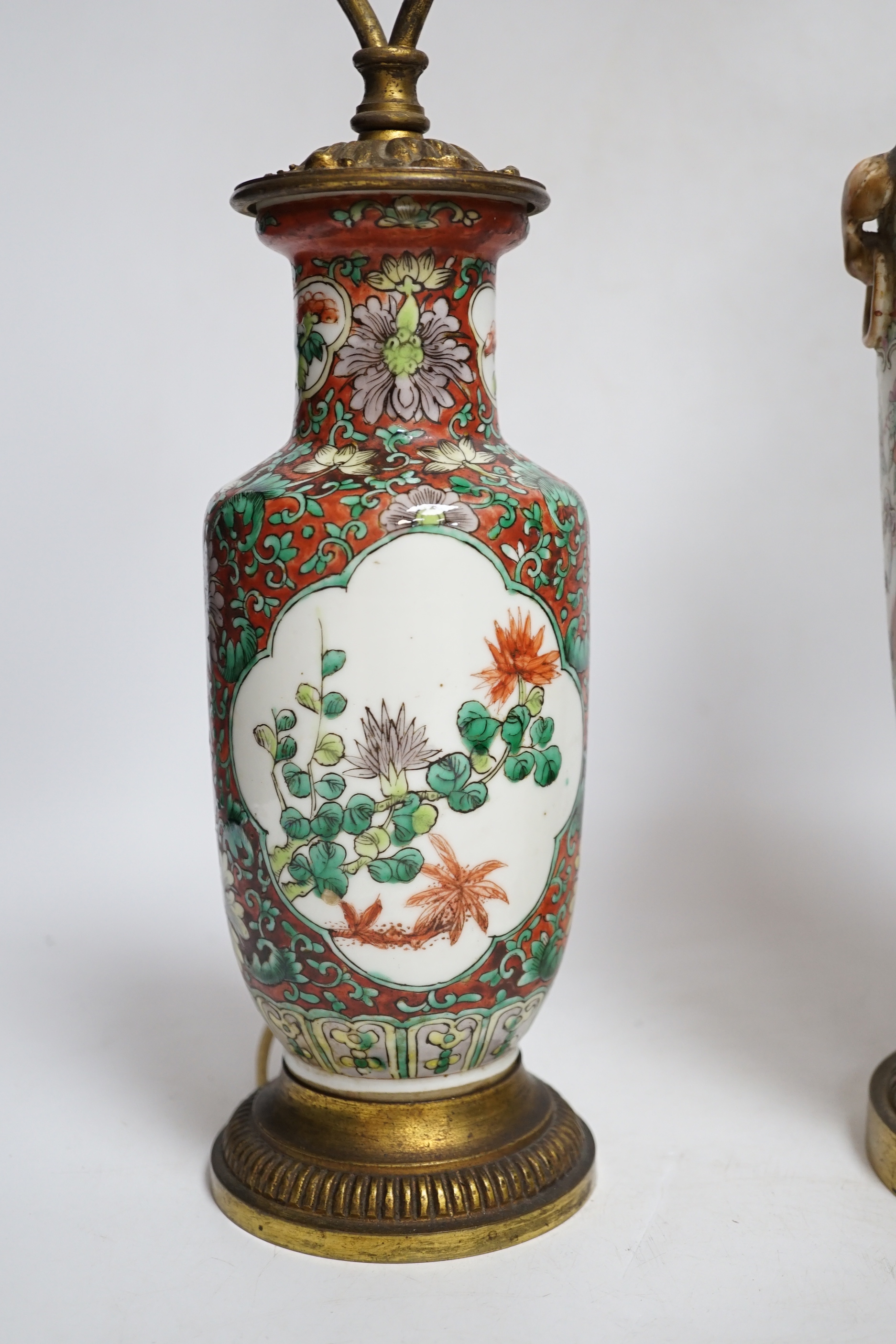 A late 19th century Chinese famille rose vase and another, both mounted and converted to lamps, tallest 62cm